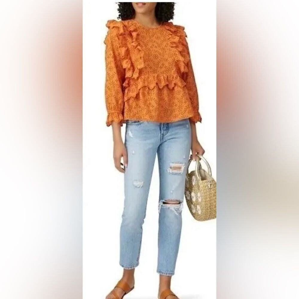 THE GREAT FLUTTER BOHO EYELET 3/4 SLEEVE CREW NECK BLOUSE SIZE L